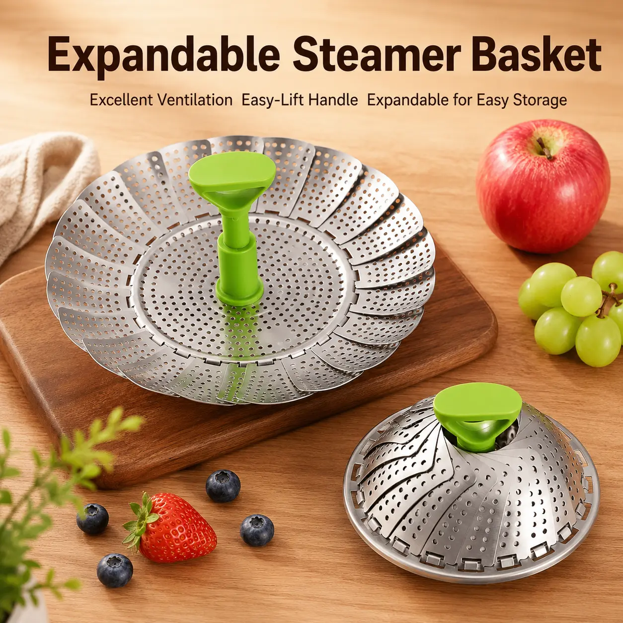 Stainless Steel Collapsible Multipurpose Steamer Basket - Kitchenware for Camping Cooking, Expandable Size, Easy-Lift Handle, Dense Steam Holes, Fits Different Pot Sizes, Drains Fruits & Vegetables, Modern Kitchen Accessories