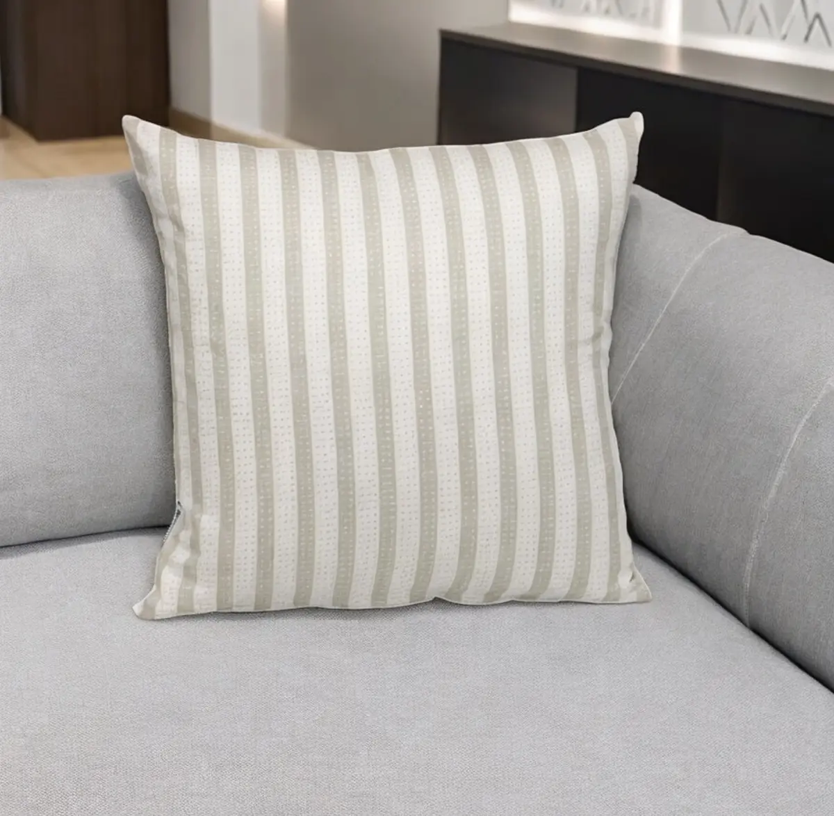 HomeRoots 529177 16 x 16 Taupe & White Striped Reversible Cotton Square Cushion - Machine Washable, Polyfill-Filled, Cushions for Sofa, Accent Strip Standard Pillows with Cover