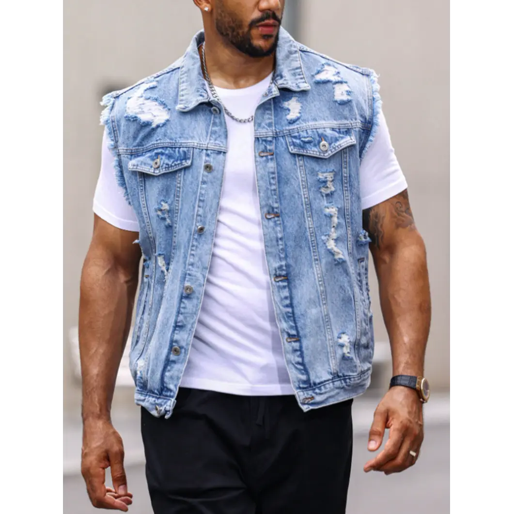 Streetwear designer's retro light blue ripped washed men's denim jacket, spring and summer trendy brand high street versatile sleeveless vest, outdoor casual men's jacket, men's top