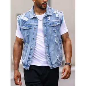 Streetwear designer's retro light blue ripped washed men's denim jacket, spring and summer trendy brand high street versatile sleeveless vest, outdoor casual men's jacket, men's top