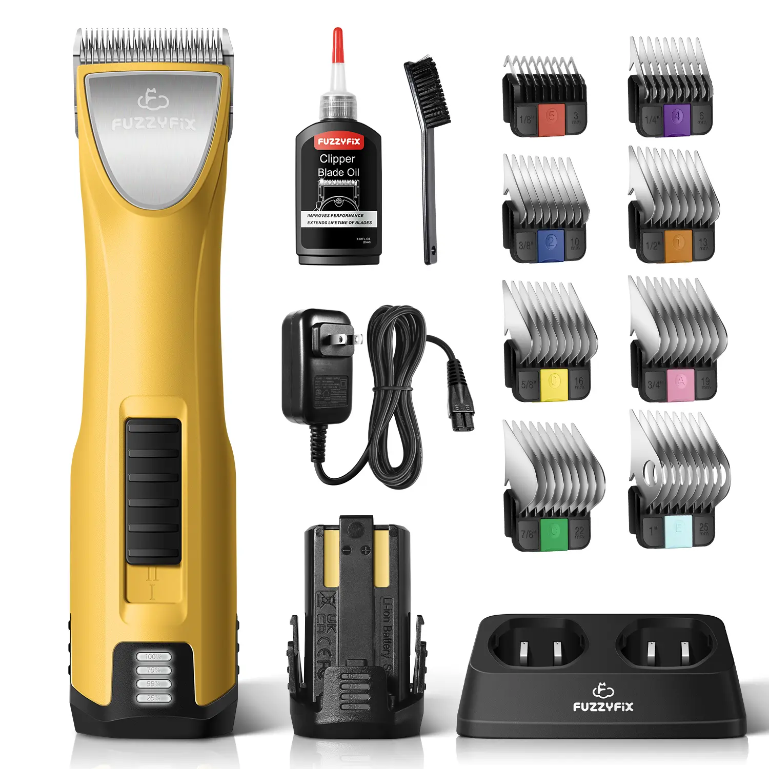 Fuzzyfix XVOLT Professional Dog Clippers for Thick Coats, Cordless Pet Grooming Clippers with Charging Dock, Low Noise Hair Trimmer for Curly and Matted Coats, Includes 8 Metal Guide Combs