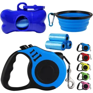 Heavy Duty Retractable Dog Leash - 16FT Blue, Tangle-Free Nylon Tape, Anti-Slip Handle, with Waste Bag Dispenser for Small Dog or Cat up to 26 lbs dog rope