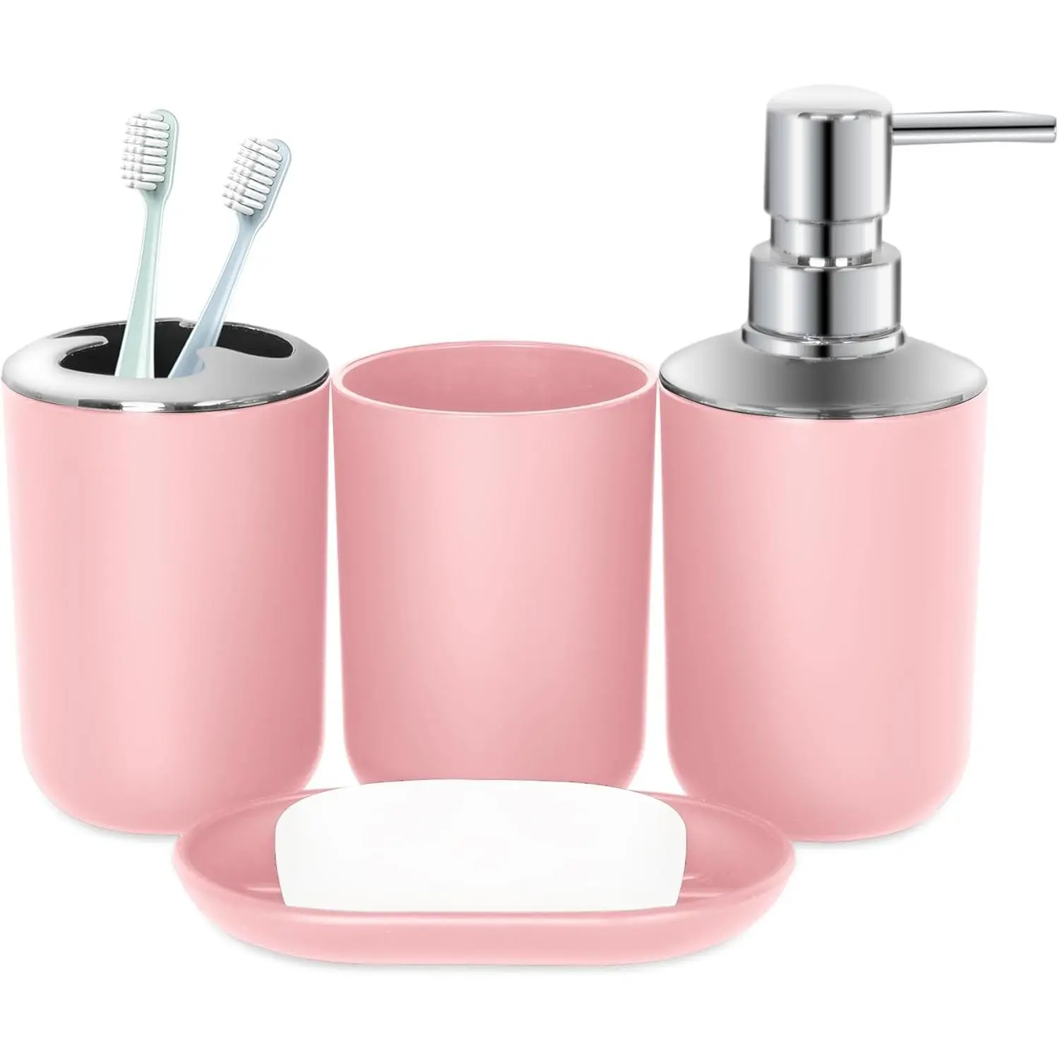 Pink Bathroom Accessories Set 4 PCS, Pink Bathroom Accessories, Plastic Soap Dispenser and Toothbrush Holder Set, Soap Dish and Mouthwash Cup, Boho Bathroom Decor, Bathroom Set