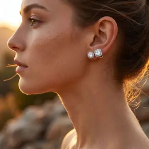 💎 Round & Square Halo Stud Earrings - Silver Tone Full CZ Men's Jewelry