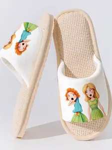 Cartoon Princess Print Linen Slippers, Non-slip Breathable Lightweight Open-Toe Home Shoes for Women Men Family Guest Daily Use
