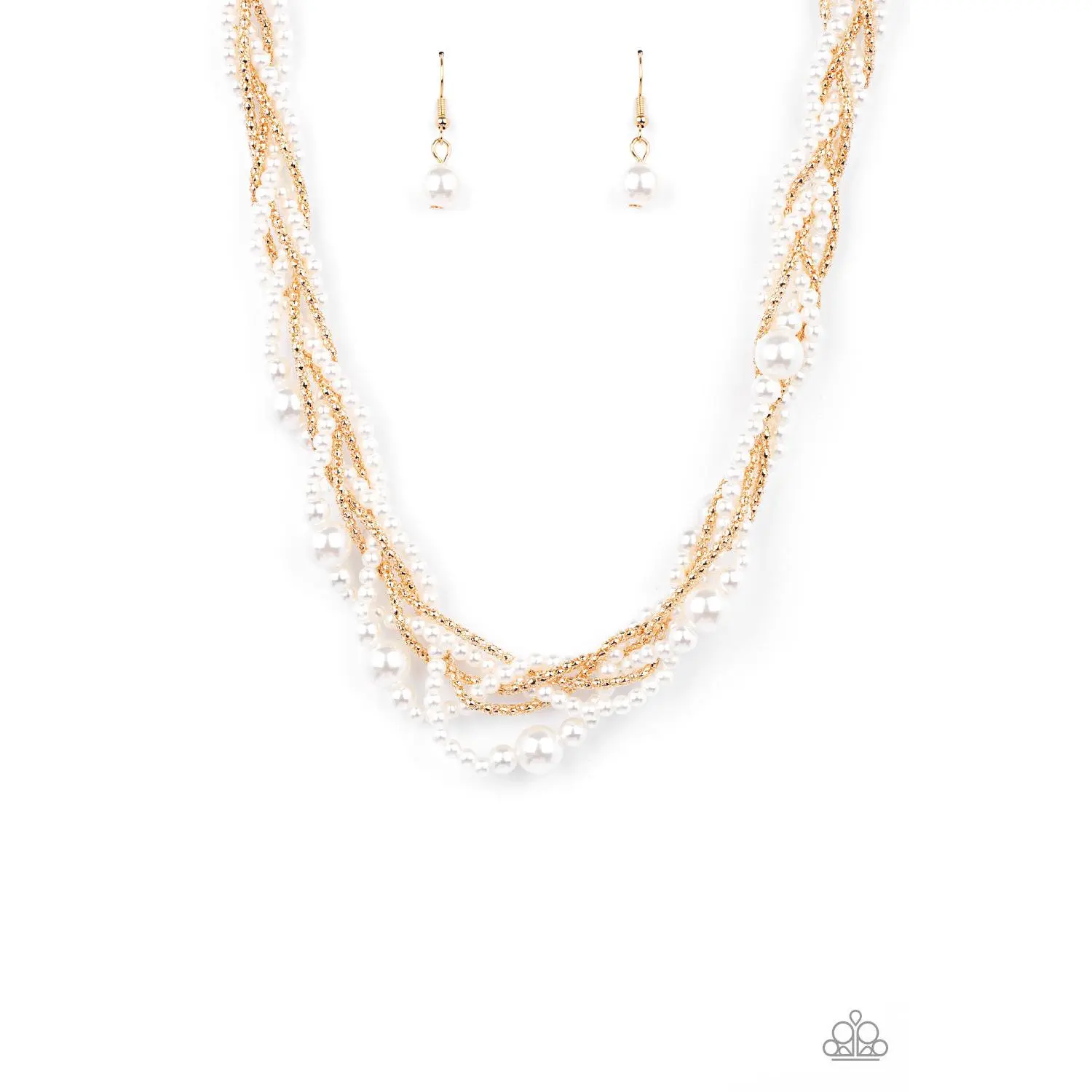 Vintage Gold-Plated Necklace and Earring Set with Woven Artificial Pearl and Popcorn Chains, Adjustable Clasp for Daily Wear, Pearl Chains, Bubbly White Pearls