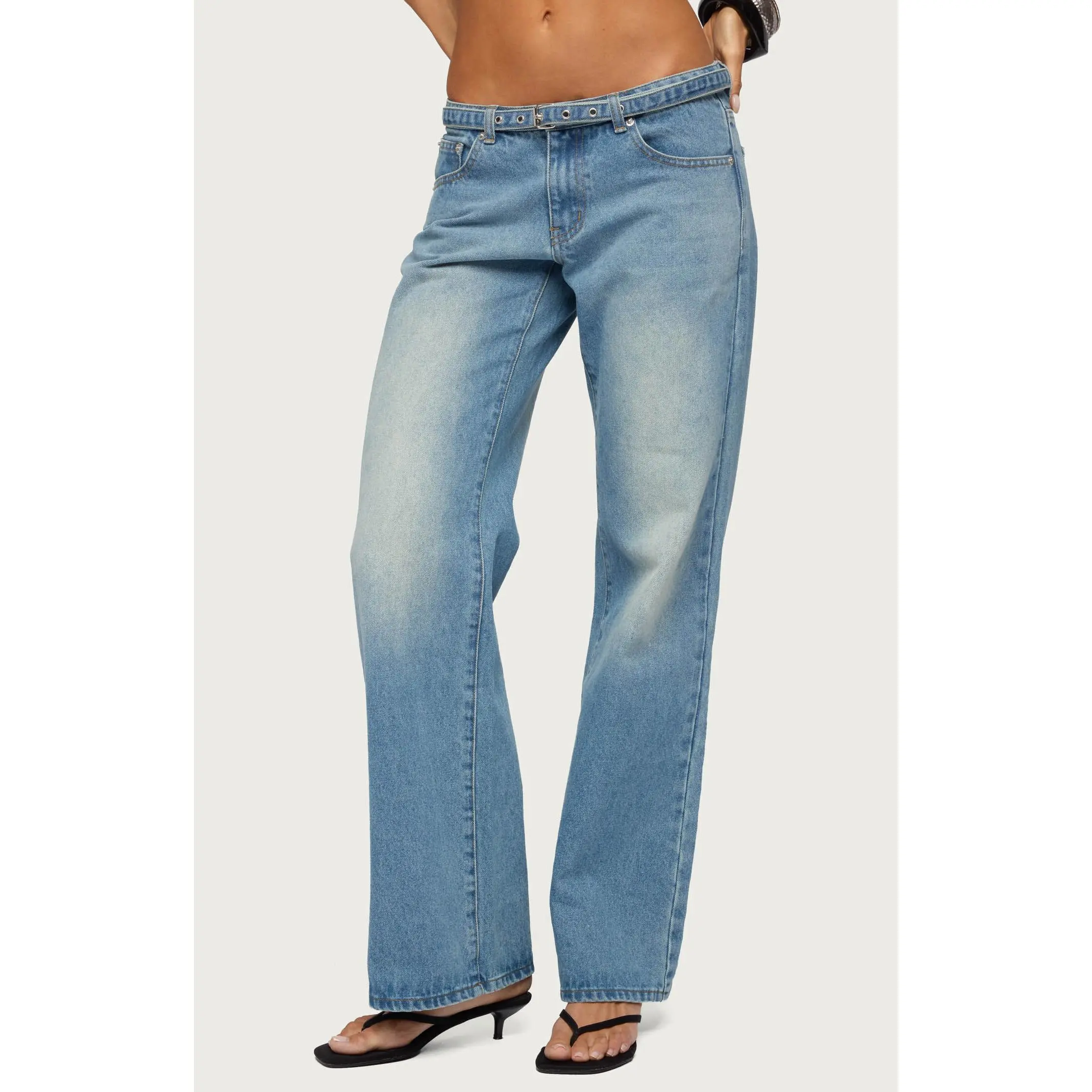 Edikted Women's Belted Low Rise Straight Leg Jeans