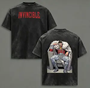 This vintage washed oversized tee is a must-have for every Invincible fan, featuring bold red “INVINCIBLE” lettering on the chest and a striking Omni-Man throne graphic on the back