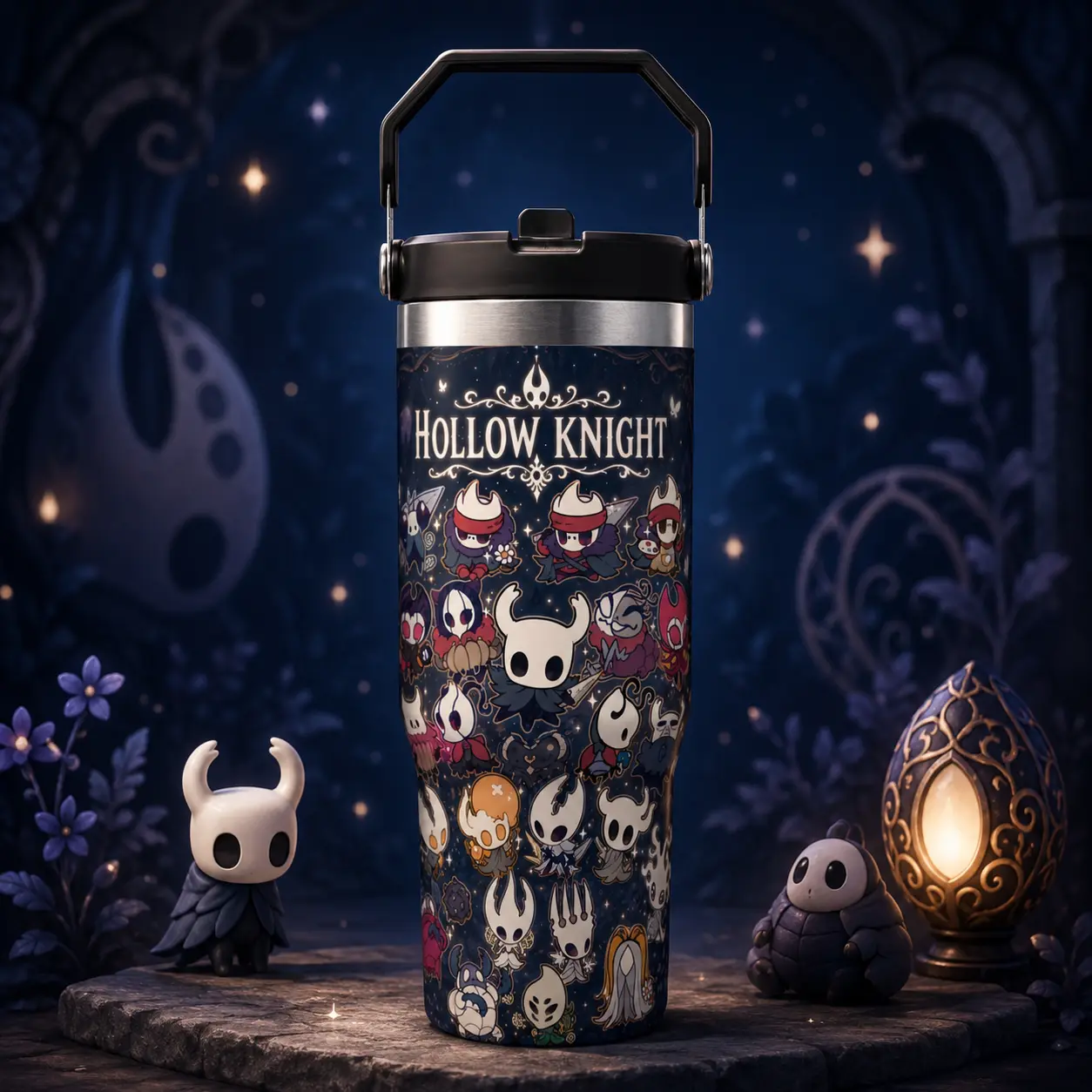 30oz Hollow Knight Character Art Insulated Stainless Steel Tumbler - Portable Insulated Drink Tumbler, Leak-Proof Travel Water Bottle with Handle, Foldable Straw, Lid for Gym, Office Use