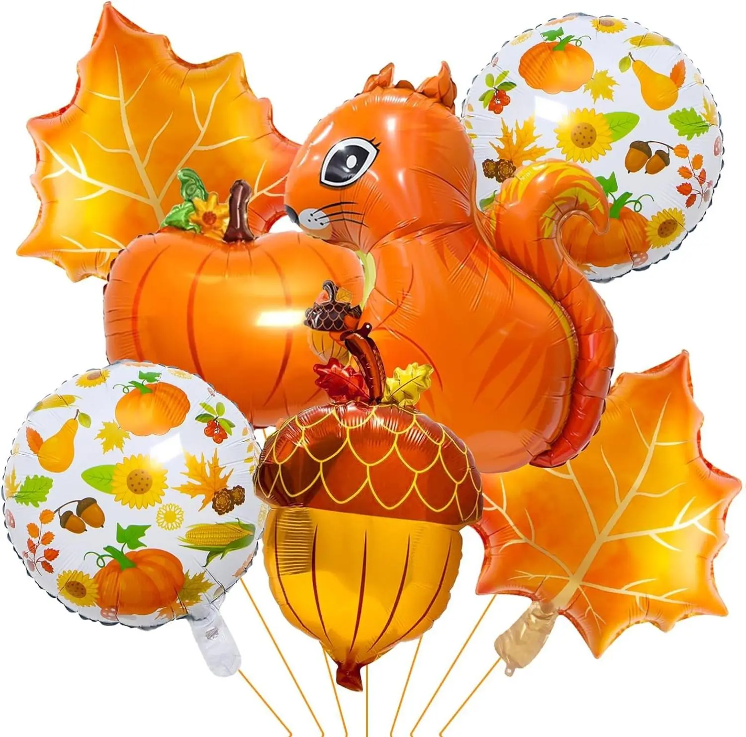 10 Pcs Aluminium Round Fall Theme Balloons - Orange Squirrel, Maple Leaf, Hazelnut, Pumpkin Designs - Thanksgiving Harvest Party Supplies with Curling Ribbon for Room, Gardens Decor, Bright Colors