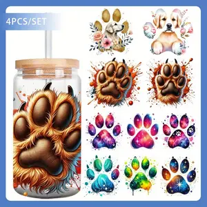 4Pieces/ Set Paw UV DTF Vinyl Paper Waterproof Transfer Paper For 16 Oz Glass Jars, Easy To Apply, High Quality DIY Handmade Decorative Paper