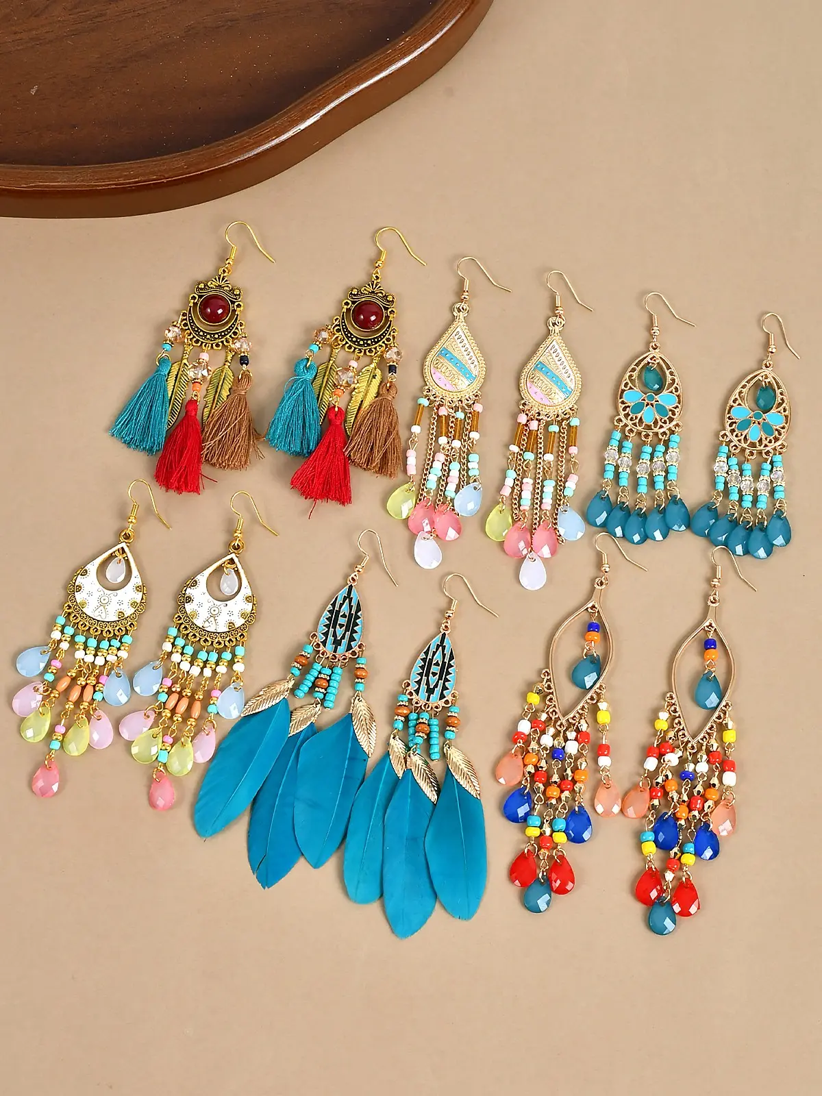 12pc Bohemian Feather Tassel Dangle Earrings, Vintage Ethnic Colorful Beaded Chandelier Hook Drop Earrings for Women Holiday Beach Party Daily Outfit