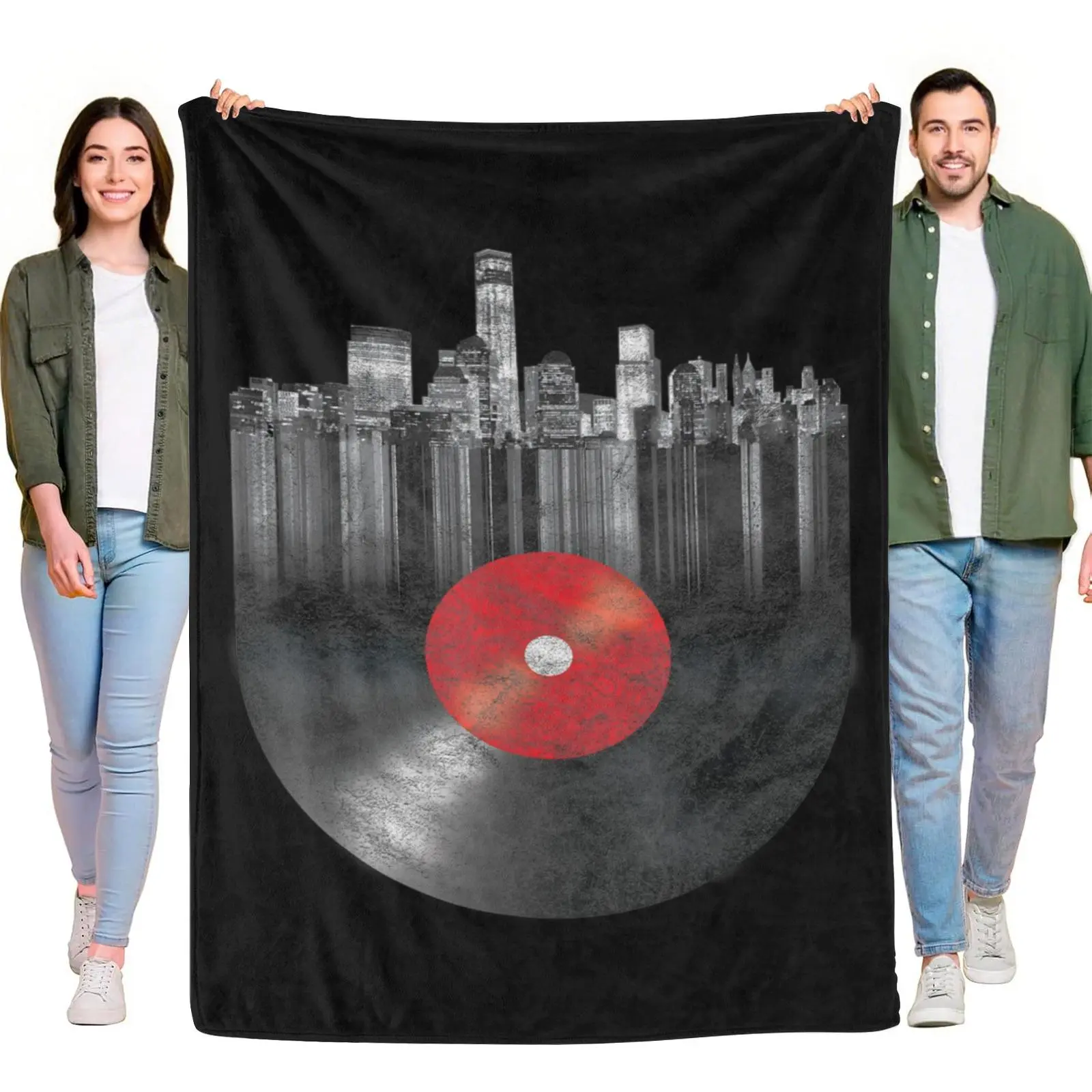 Vintage Distressed Vinyl Record New York City Skyline Graphic Throw Blanket, Retro Urban Cityscape Music Lovers Cozy Warm Fleece Blanket for Home Sofa Decor