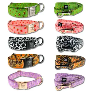 Boop Town Matching Dog Collar and Leash Set - Soft Cotton & Heavy Duty Nylon Core - Quick Release Metal Buckle - Aesthetic Adjustable Pet Accessories - Reduces Hair Matting - XS Small Medium Large XL Dogs