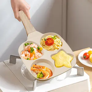 Kitchen Non-stick Star Holes Design Egg Frying Pan, 4 Holes Skillet with Handle, Cooking Accessoriess Pans Pots Set, Breakfast Helper for Burger Pancake Bread Food, Beige White/Dark Grey