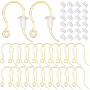 BronaGrand 100pcs Golden Plastic Earring Hooks Fish Hooks with Loop and 100pcs Clear Bullet Earring Stoppers for DIY Jewelry Making Party Gifts Crafts Decor