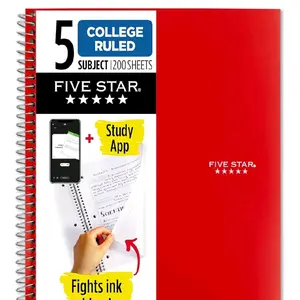 Five Star Spiral Notebook + Study App, 5 Subject, College Ruled Paper, 8-1/2" x 11", 200 Sheets, Fights Ink Bleed, Water Resistant Cover, Fire Red (72077)