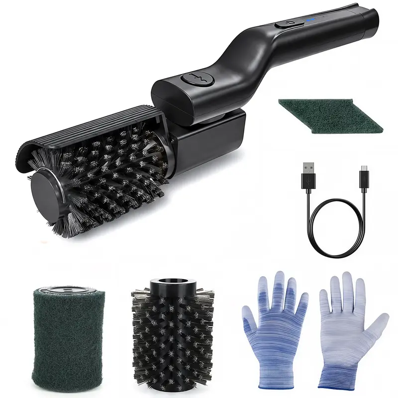【Dealsforyoudays】eSamcore Cordless Electric BBQ Cleaning Brush with Built-in Battery, Heat-Safe Housing, 2 Heads, 180° Angle Stainless Steel Wire, USB-C Charge, 360° Splash Guard, Heavy Duty BBQ Tools for Charcoal Grill Grates, Daily Use