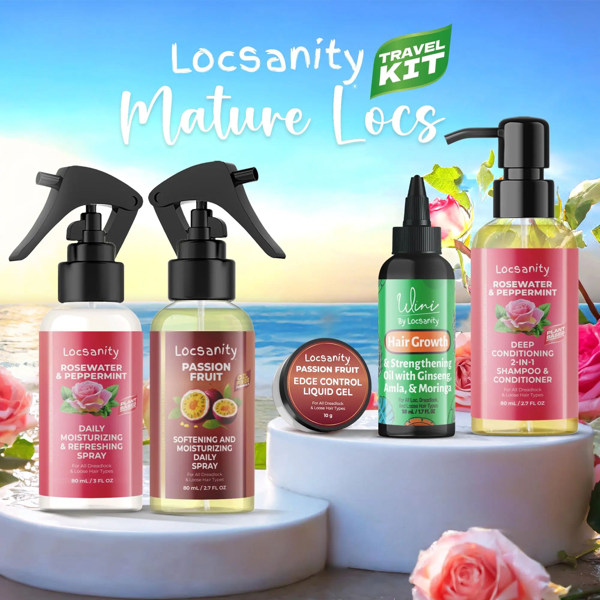 LOCSANITY Mature Locs Travel Kit, 6-Piece Haircare Set for Daily Moisture & Nourishing Frizz Control with Cleanser, Oil & Moisturizer, Cleansing