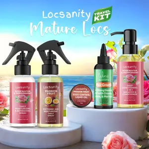 Locsanity Mature Locs Travel Sample Kit 2-in-1 Shampoo Conditioner Hair Oil Passion Fruit Rosewater Peppermint Sprays Liquid Edge Gel Hydrating Nourishing Moisturizer Moisture Cleanser