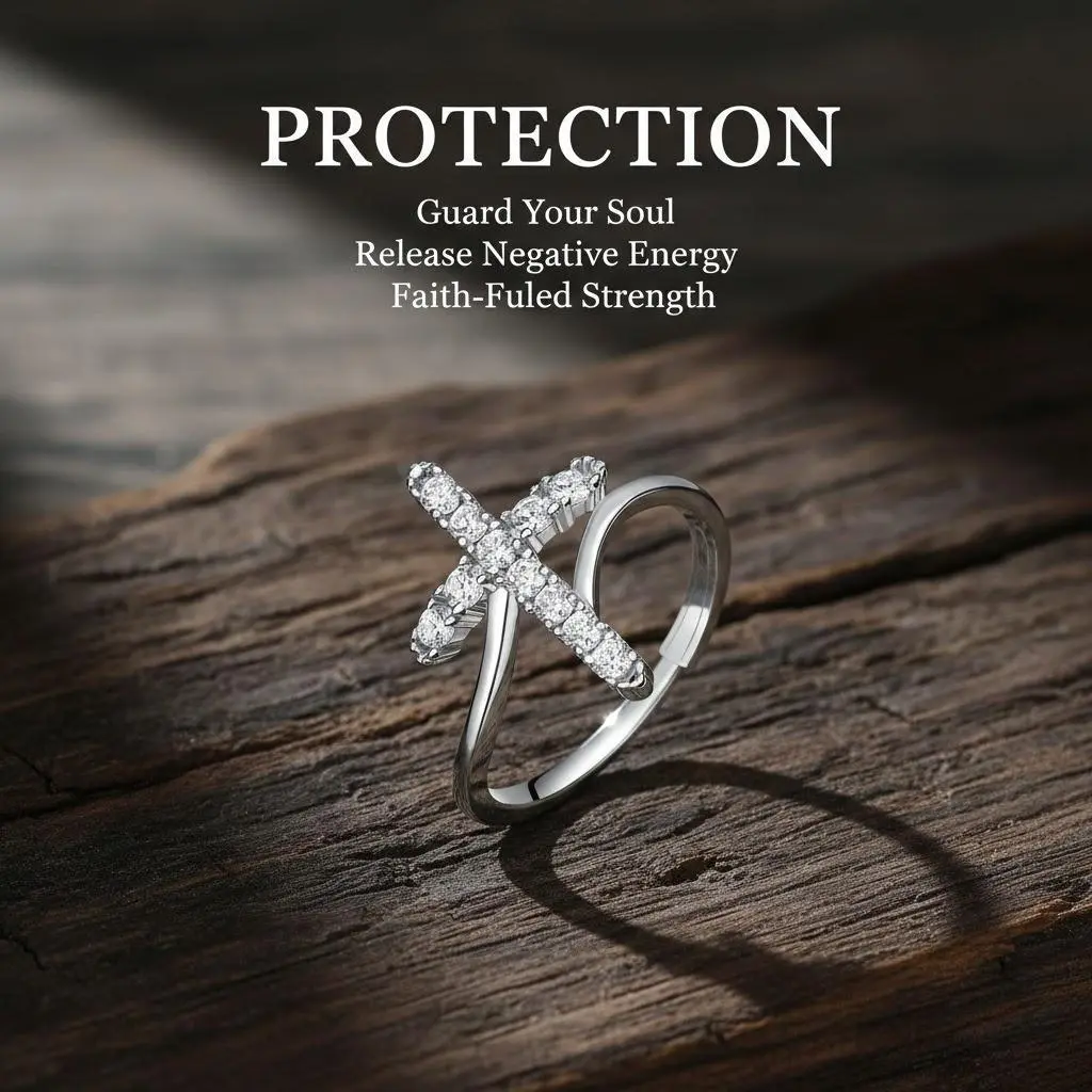 Women's Classic Silver-Plated Cubic Zirconia Cross Ring - 2g, 20mm Elegant Open Band, Adjustable Lightweight Casual Ring, Stacking Jewelry for Women Everyday Wear