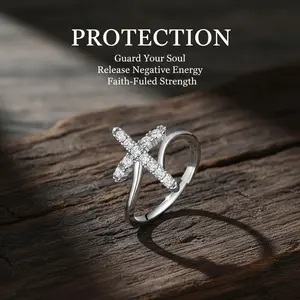 Mother's Day Protective Ring the Power of God Adjustable Sliver Plated Cubic Zirconia Cross Ring for Women - Dispel negative energy Return to sender