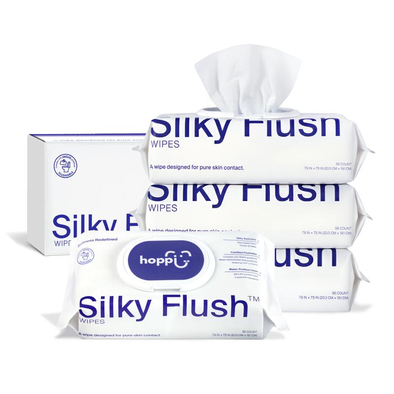Hoppi Flushable Baby Wipes, 99% water content, hypoallergenic, suitable for sensitive skin, plant-based formula, fragrance-free, safe for sewers and septic systems, silky smooth and easy-to-flush toilet training wipes for toddlers (224 wipes, 4 packs)