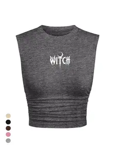 Gothic Dark Style Slim Fit Sleeveless Short Top, Witch Witch Crescent Print Ruched Waist Vest, Comfortable Women's Casual Tee