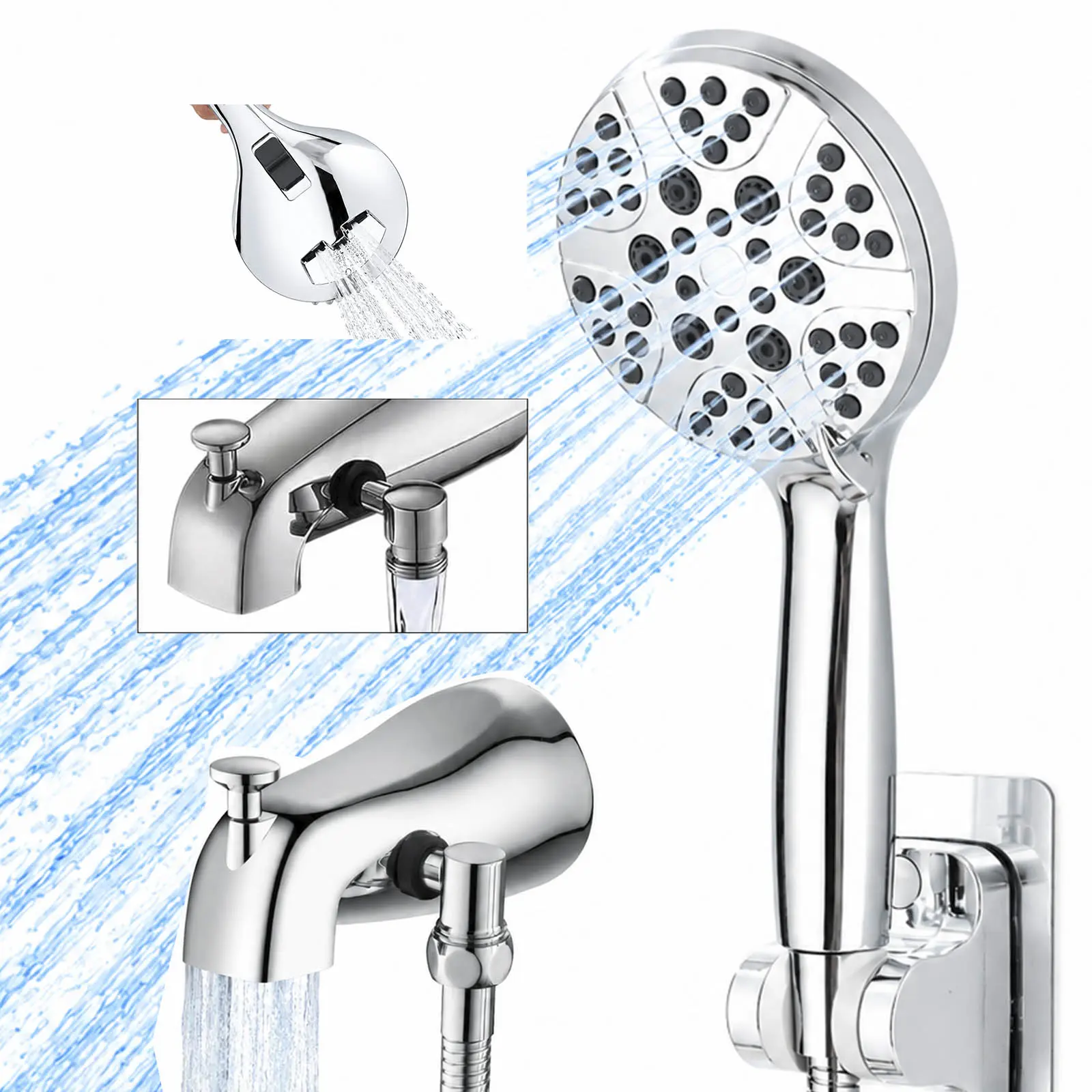 All Metal Bathtub Faucet with 7-Settings Handheld Shower Sprayer,  Chrome Brass Waterfall Tub Spout with Diverter, On/Off Pause Switch   Handle, Bathtub Sprayer Attachment for Shower, Wall Mounted, 59'' Stainless Steel Shower Hose, Polished Chrome