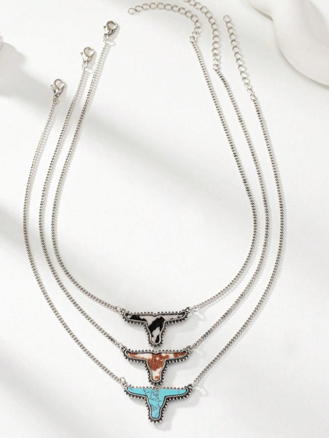 3pcs Turquoise Cow Head Necklace Set Western Style Jewelry Women
