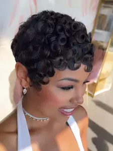 Curly Pixie Cut Wig for Women, Glueless Wigs, Synthetic Hair, Glueless Design, Short Layered Style with Bangs, Natural, Daily Wear, Kinky Curly Wig