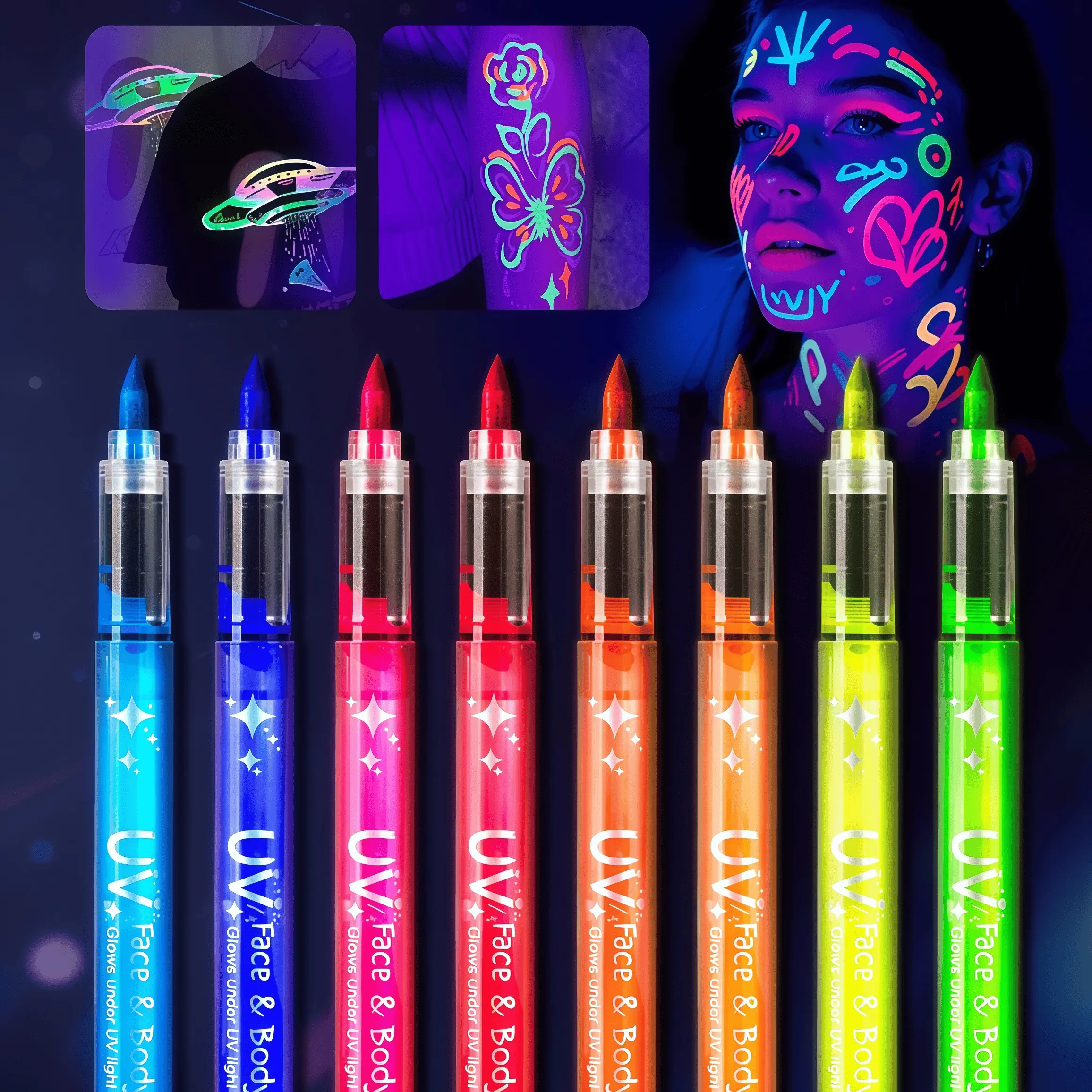 UV Light Graffiti Pens Set of 8 Fluorescent UV Reactive Waterproof Body Paint Markers, Coloring Markers, Glow in the Dark Pens, Ideal for DIY Art and Drawing, Perfect for School Projects