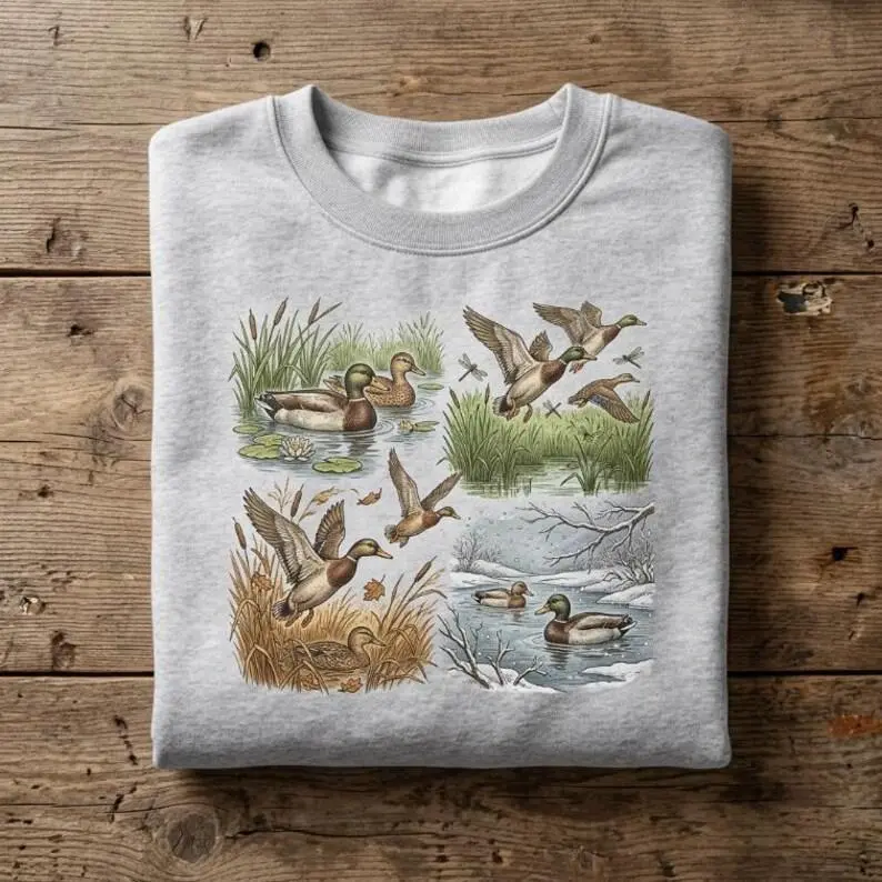 Vintage Mallard Duck Shirt Four Seasons Sweatshirt Retro All Season Graphic Hoodie Marsh Wildlife Nature Art Unisex Tee  For Bird Watcher