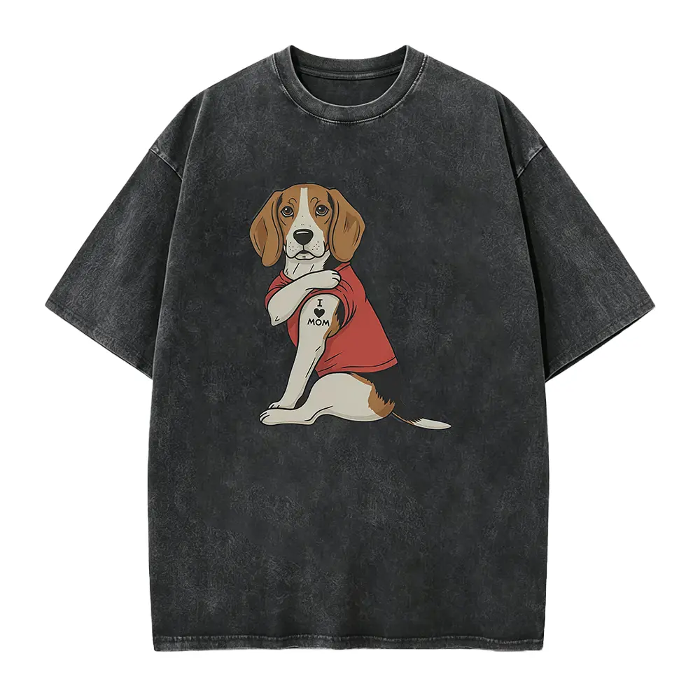 Beagle T-Shirt Featuring Tattooed Dog Illustration, I Love Mom Graphic Tee for Pet Owners, Unique Retro Animal Lover Apparel