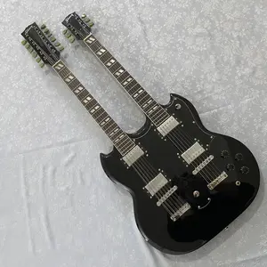 Black double-neck electric guitar with solid body, chrome hardware, 6+12 strings, rosewood fretboard