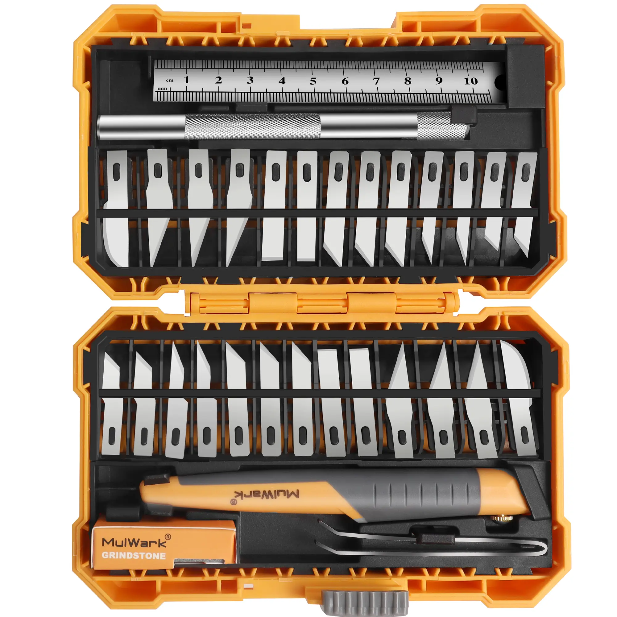MulWark 32PC Ergonomic Precision Hobby Knives Set - Hand Tools Kit with Carbon Steel Thick Blades, Cutting Chisel, Stencil, Fine Point Blades, Sharpening Stone & Ruler for Craft Projects, 6 Pieces Of #1 Chiseling Blades