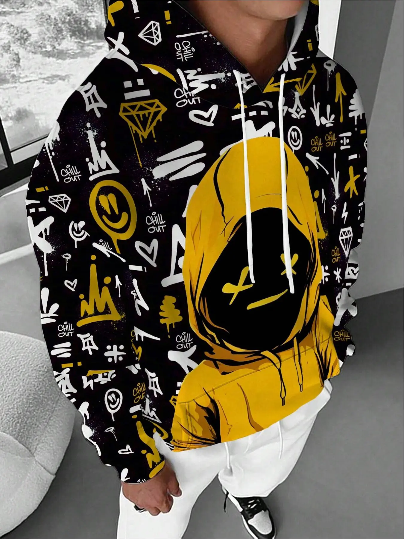 Street Hip-Hop Graffiti Hoodie - Men's Personality Clothing, Casual Long-Sleeved Fitted Pullover Sweatshirt, 3D Printed Graphic, Colorful Fashion Trend Streetwear Hoodie, Tops, Menswear
