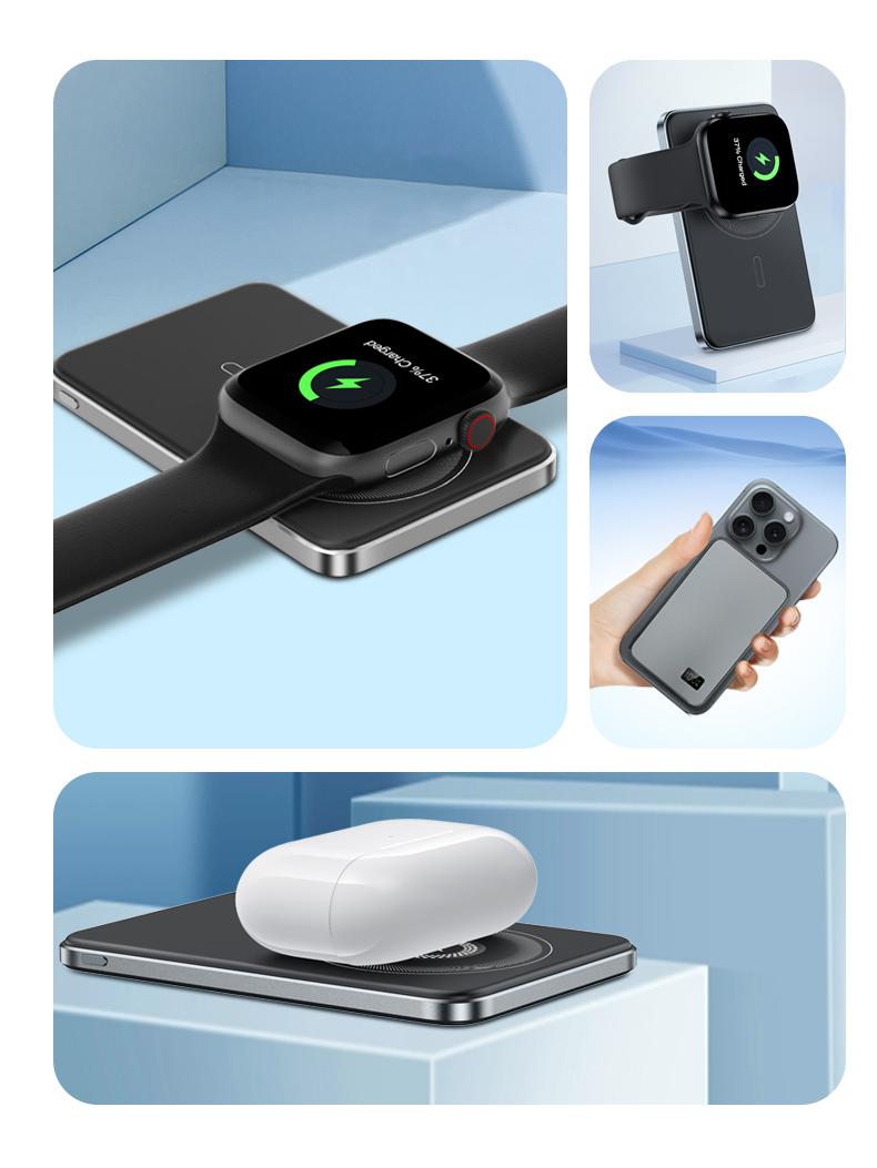 WESECUU 3-in-1 Wireless Power Bank 5000mAh 15W Fast Charging Ultra-Strong Magnets Metallic Body Design Compatible with MagSafe iPhone Models