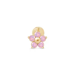 Pink Opal Flower Flat Back Stud in Solid 14k Yellow Gold