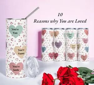 Candy Heartfelt Messages: 20oz Stainless Steel Tumbler -10 Sublimated Hearts with Personalized Love Notes Giving 10 Reasons Why You Are Loved. Drinkware, reusable straw, eco friendly Portable Tumbler