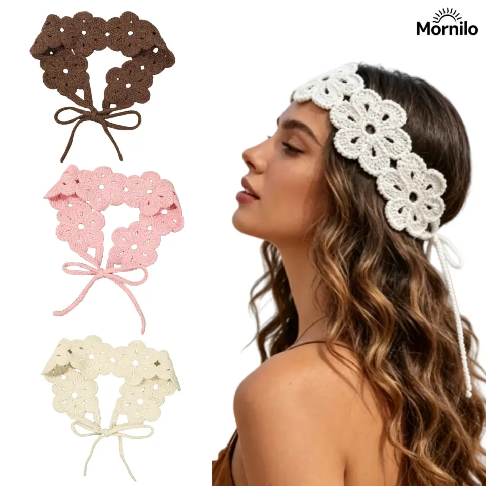 2PCS/3PCS Crochet Flower Headband for Women, Handmade Knit Floral Hair Band, Boho Chic Coquette Aesthetic Hair Accessory, Cottagecore Tie Head Scarf, Soft Girl Summer Hair Wrap, Festival Outfit Essential, Cute Hair Accessories