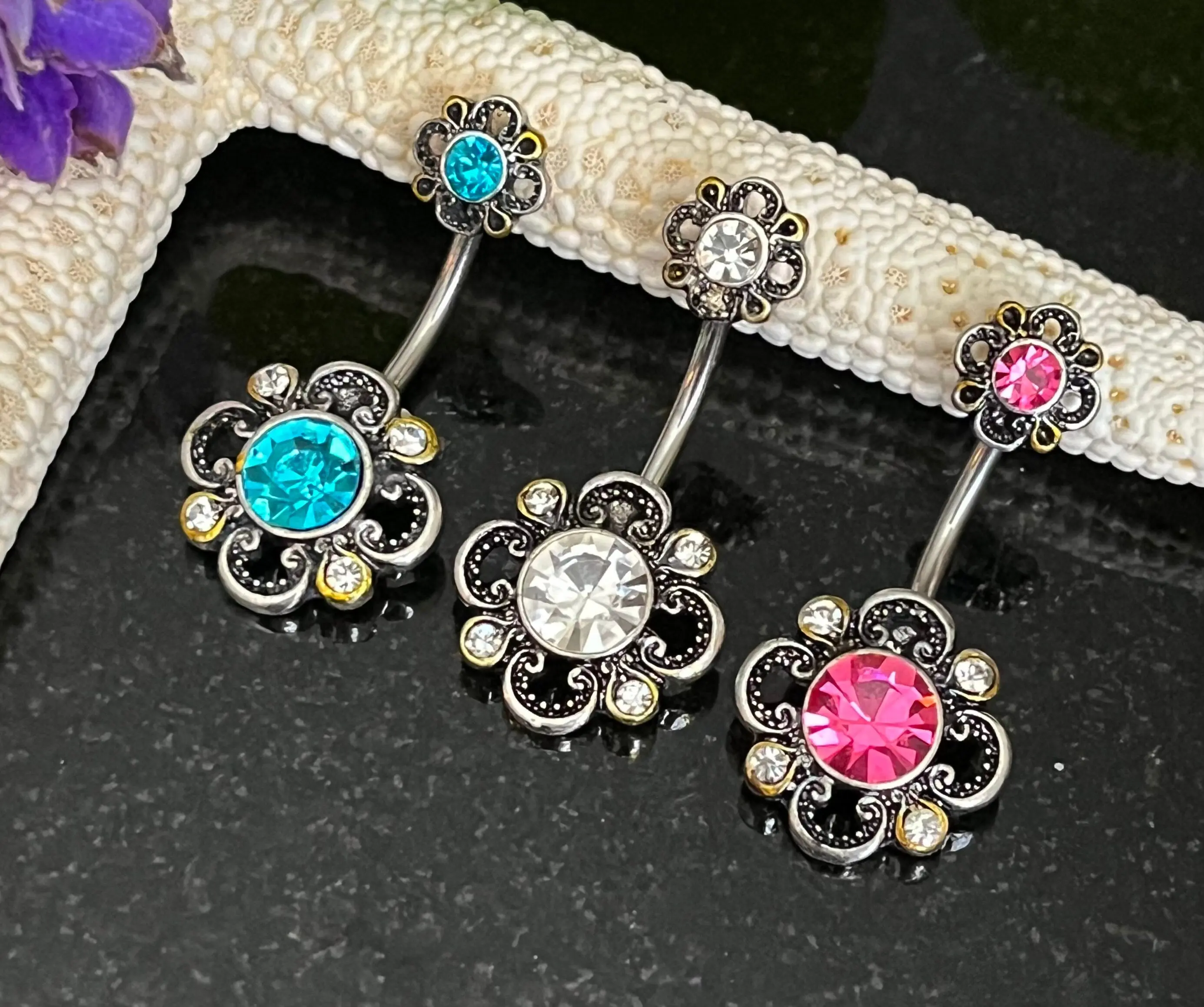 1 Piece Unique CZ Petals Floral Filigree Belly Ring Double Flower Navel / Naval Belly Ring -14g - Only Pink Left In Stock!- 10mm