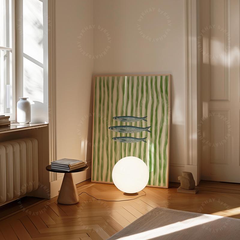 UNFRAMED Sardines Fish Painted Print Green Stripe Trendy Aesthetic Kitchen Wall Art Retro Modern Food Home Decor Framed Print