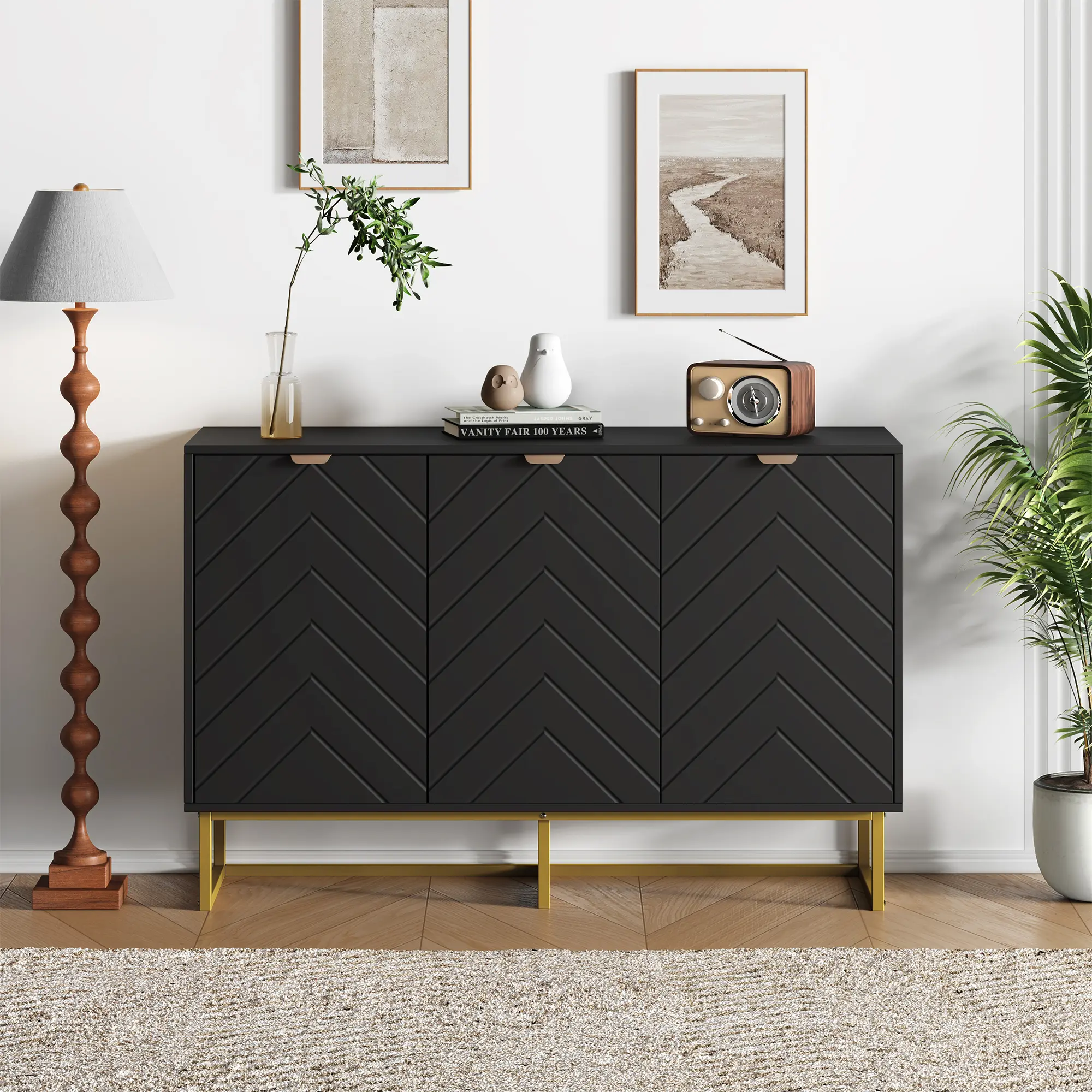 Garvee Modern Buffet Sideboard with 3 Doors and Shelf Wood Credenza Console Cabinet Black
