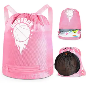Geestock Drawstring Backpack Gym Bags Swim Bag with Shoes Compartment and Wet Pocket, with Single Mesh Ball Bag for Soccer, Basketball, Volleyball, String Backpack Beach Bags for Sport, Gym, Pink