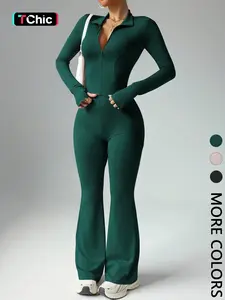 Women's 2-Piece Set, Plain Long Sleeve Zipper Jacket + Wide Leg Pants, Casual for All Seasons, Fitted Clothing Set