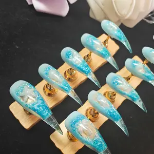 Jmnails summer water dragon Long & Short Dragon/Cat Nails 10 Pcs Acrylic Holographic Glitter Salon-Quality Press-On nails with Glitter & Black Base