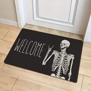 "Welcome" Door Mat - Black Polyester Indoor/Outdoor Entrance Rug with Playful Skull Design