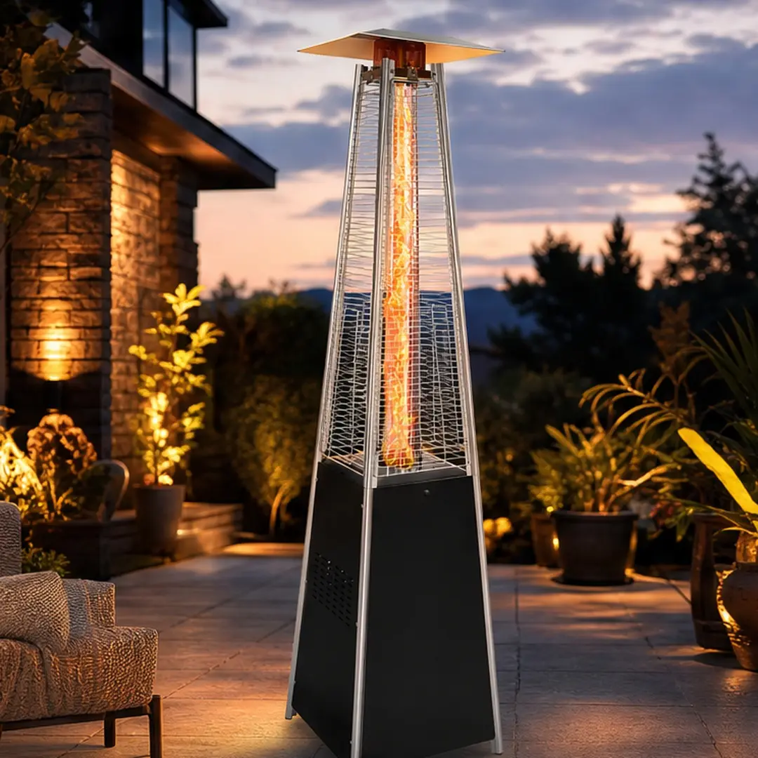 ARCH 48000 BTU Outdoor Patio Propane Heater, 360° Heat, Detachable Wheels, Protective Cover, Glass+Metal/Stainless Steel Build, Black+Silver/Brown Color Options, for Backyard, Commercial Use
