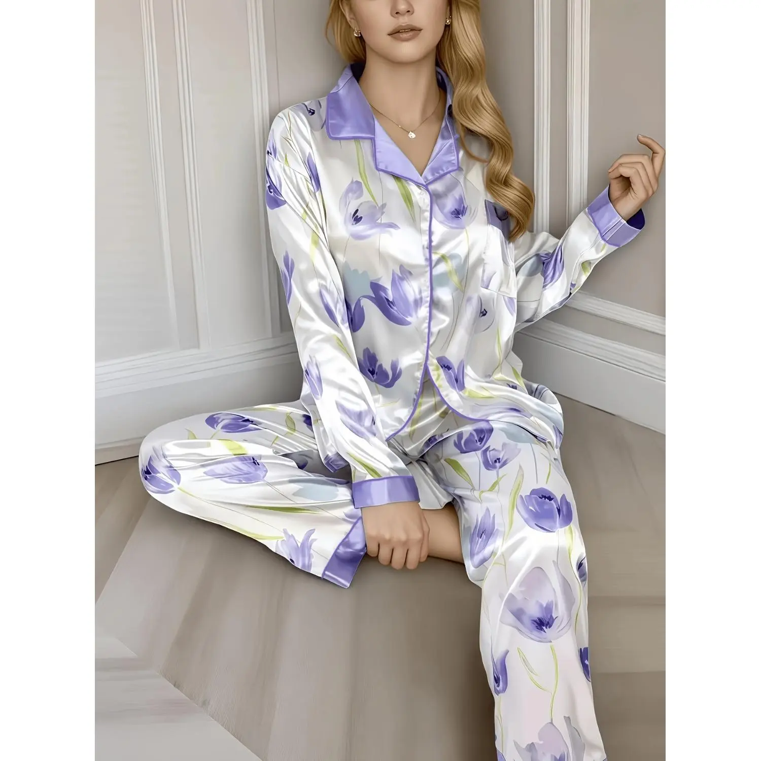 Purple Tulip Floral Ice Silk Pajama Set - Long Sleeve & Pants, Elegant Faux Silk Lounge Wear for Women